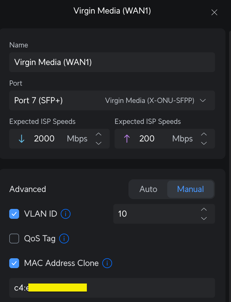 The settings I have applied to my WAN interface within the UniFi Console. IPv4 has been set to DHCP and IPv6 left unconfigured/disabled.